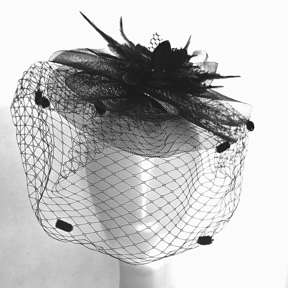Beloved Millinery Black 3PC Fascinator Feathers Veil Derby Church Brunch Funeral